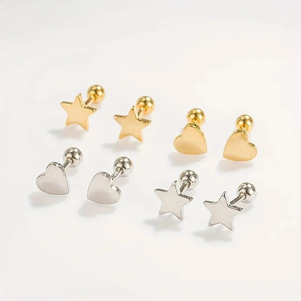 Petite Stainless Steel Gold PVD Star and Heart Stud Earrings