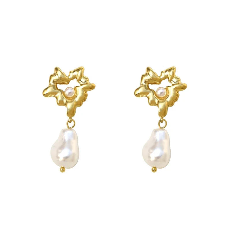 Drop Earrings with Irregular Pearl and Gold-Plated Steel