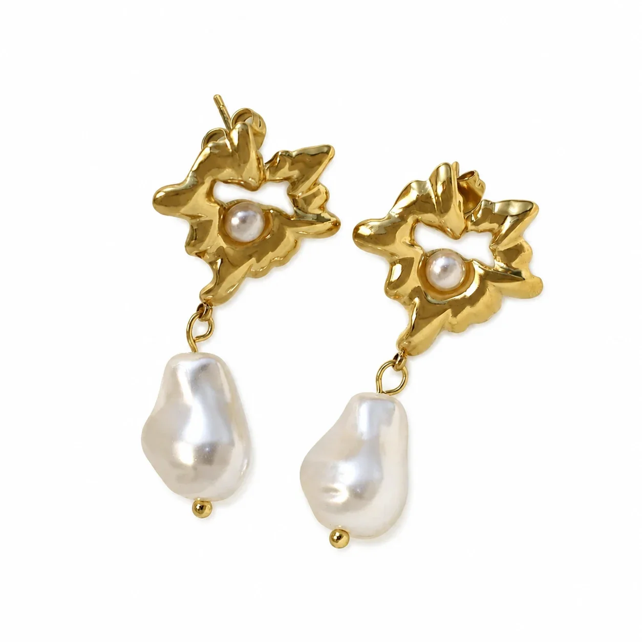 Drop Earrings with Irregular Pearl and Gold-Plated Steel