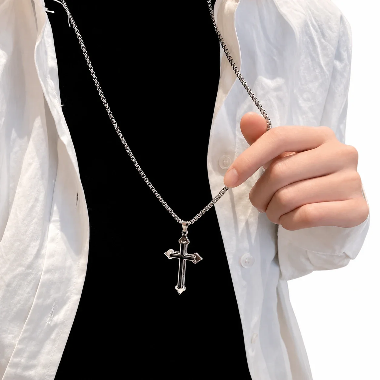 Gothic Stainless Steel Box Chain Cross Pendant Necklace
