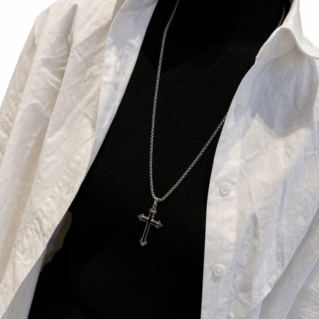 Gothic Stainless Steel Box Chain Cross Pendant Necklace