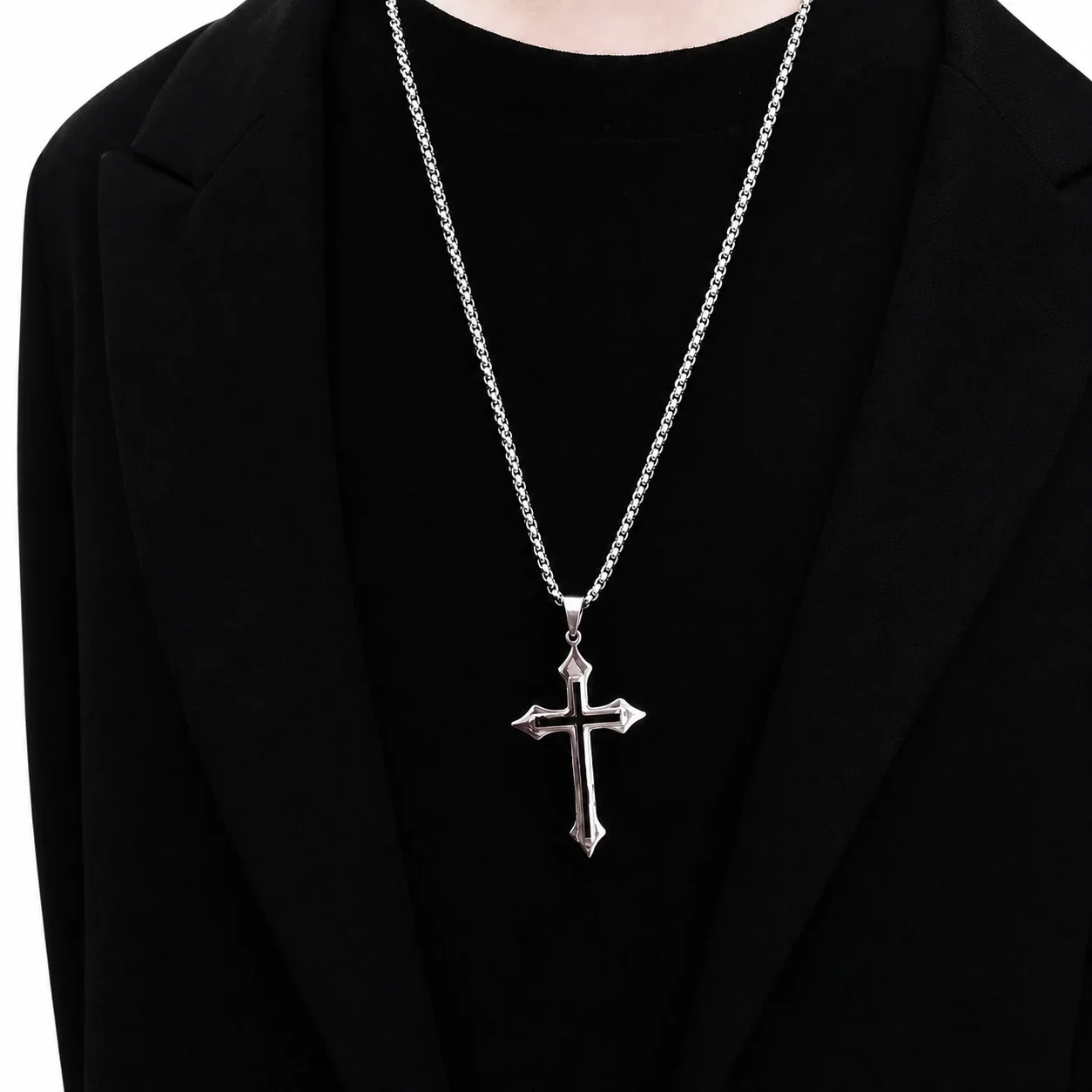 Gothic Stainless Steel Box Chain Cross Pendant Necklace