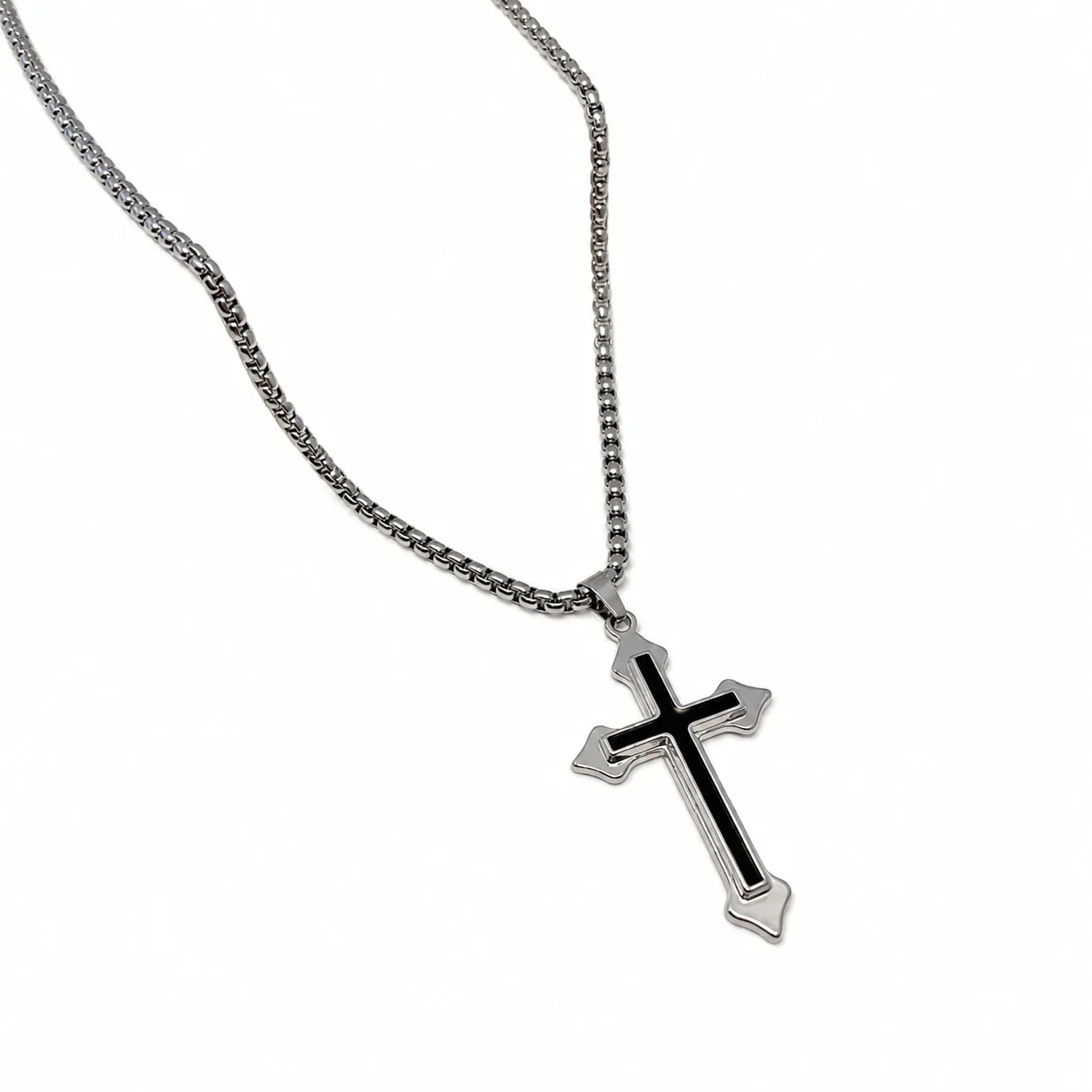 Gothic Stainless Steel Box Chain Cross Pendant Necklace - Silver cm