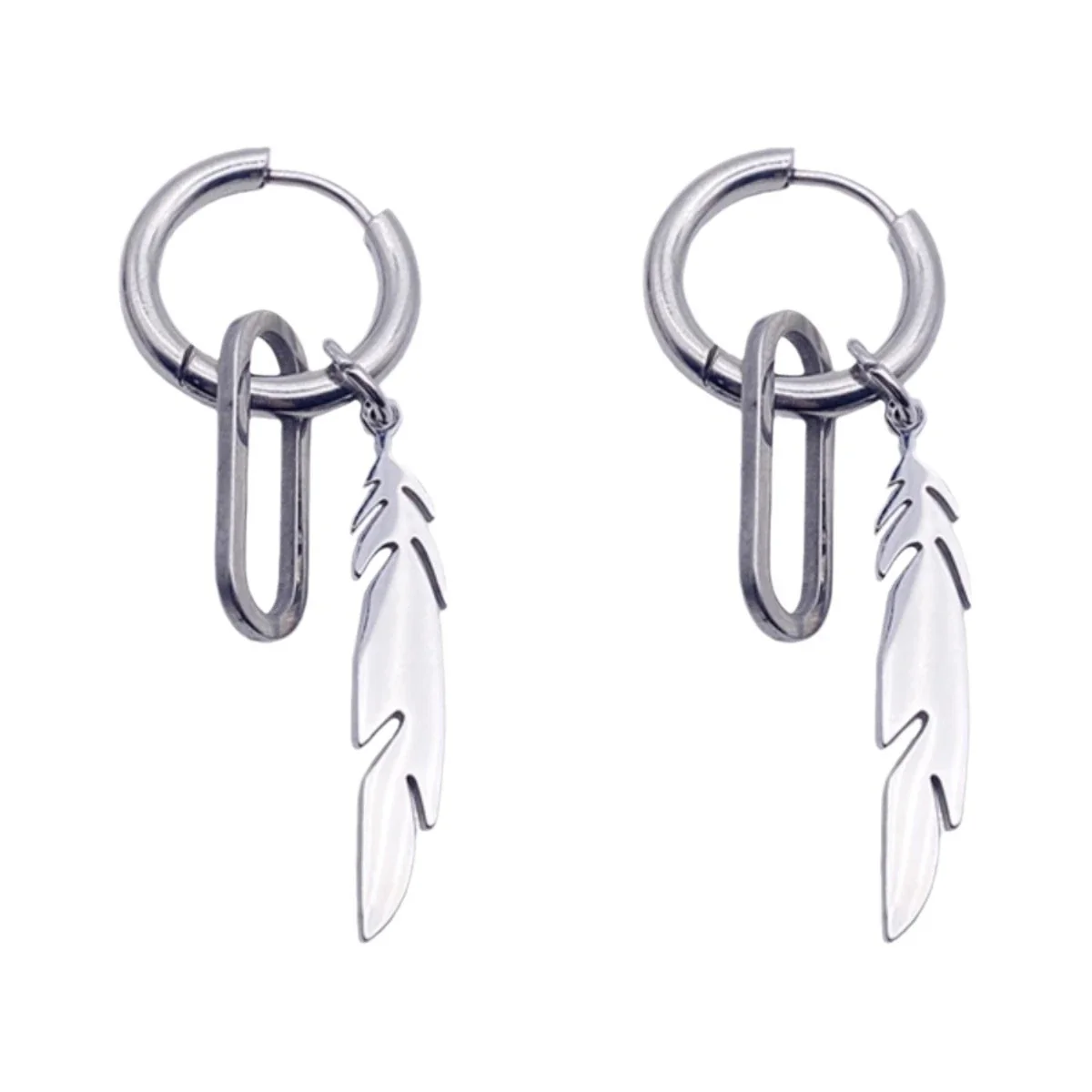 Edgy Stainless Steel Feather Charm Hoop Earrings