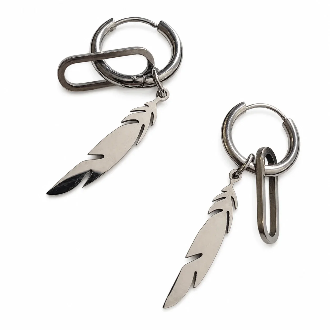 Edgy Stainless Steel Feather Charm Hoop Earrings