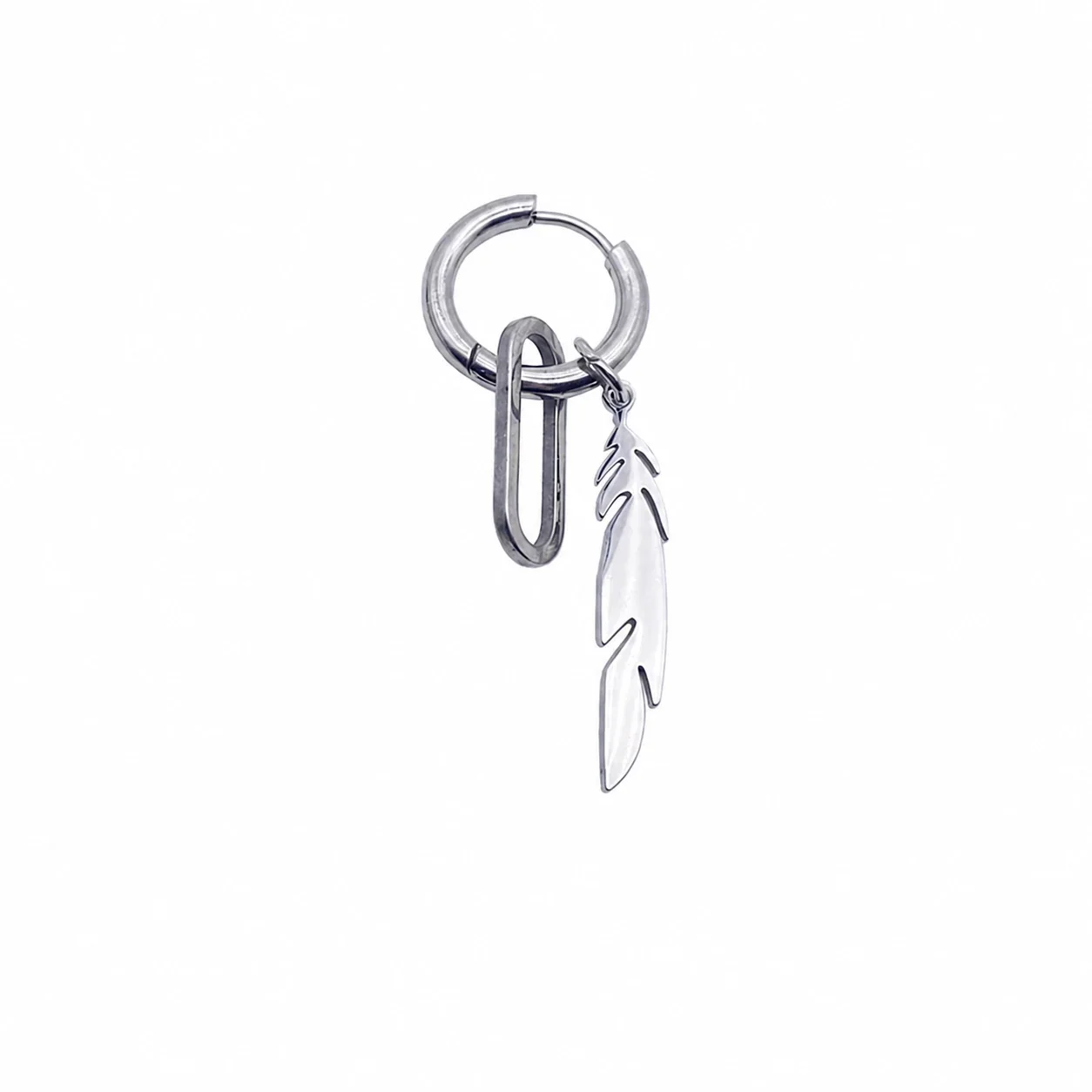 Edgy Stainless Steel Feather Charm Hoop Earrings - Feather Hoop