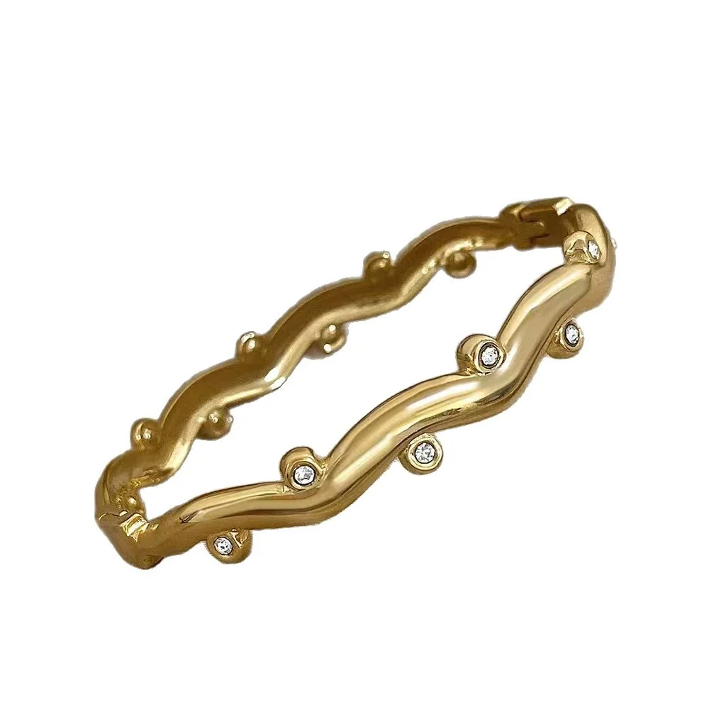 Bangle Bracelet Wavy Crystal Bezel Accents Gold-Plated