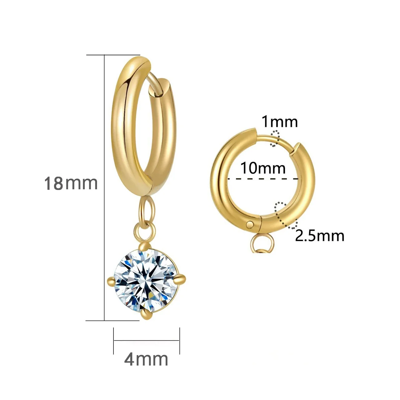 Huggie Drop Earrings Round Prong-Set CZ 316 Stainless Steel PVD
