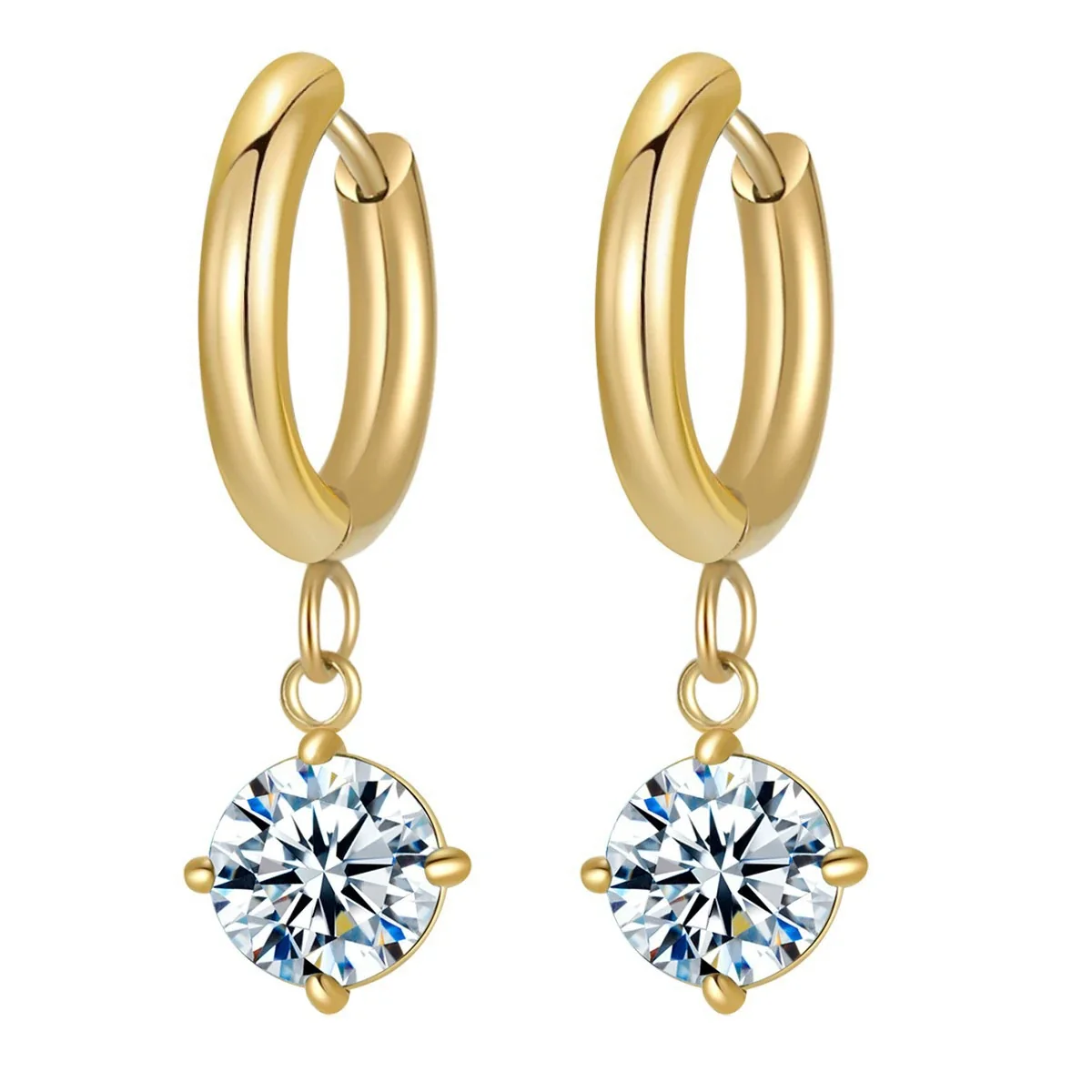 Huggie Drop Earrings Round Prong-Set CZ 316 Stainless Steel PVD - White CZ Round Drop