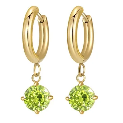 Huggie Drop Earrings Round Prong-Set CZ 316 Stainless Steel PVD - Light Green CZ Round Drop