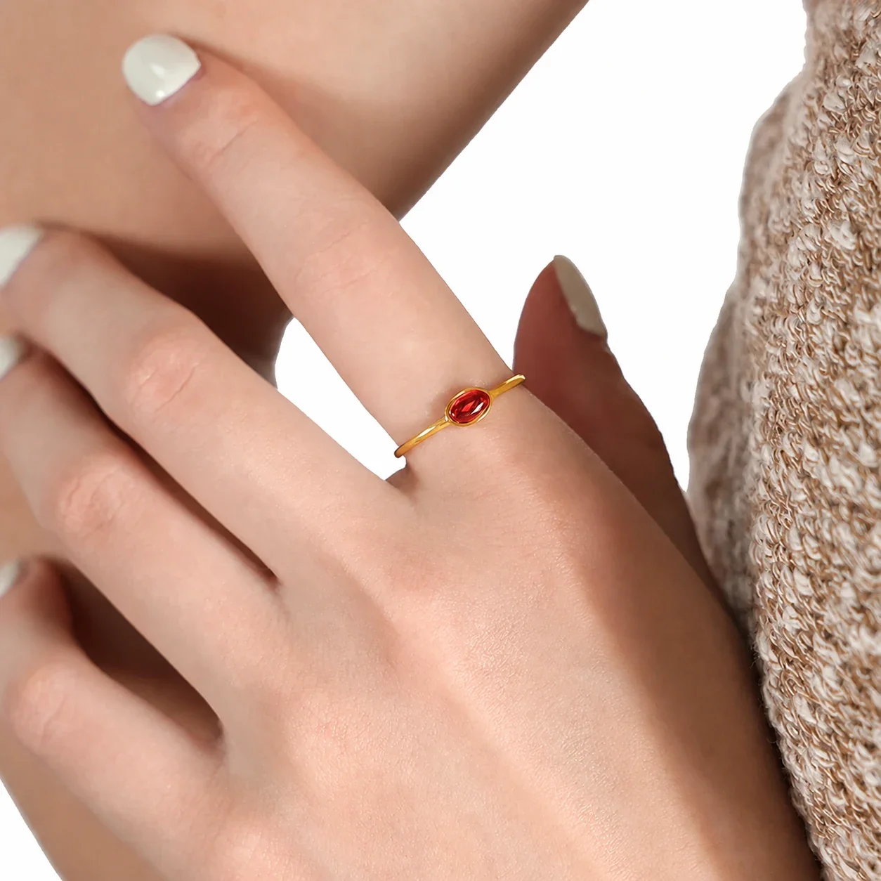 Refined Gold-Plated 316 Baguette & Oval Crystal Ring - Gold Red Glass