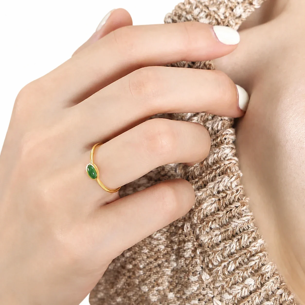 Refined Gold-Plated 316 Baguette & Oval Crystal Ring - Gold Green Glass