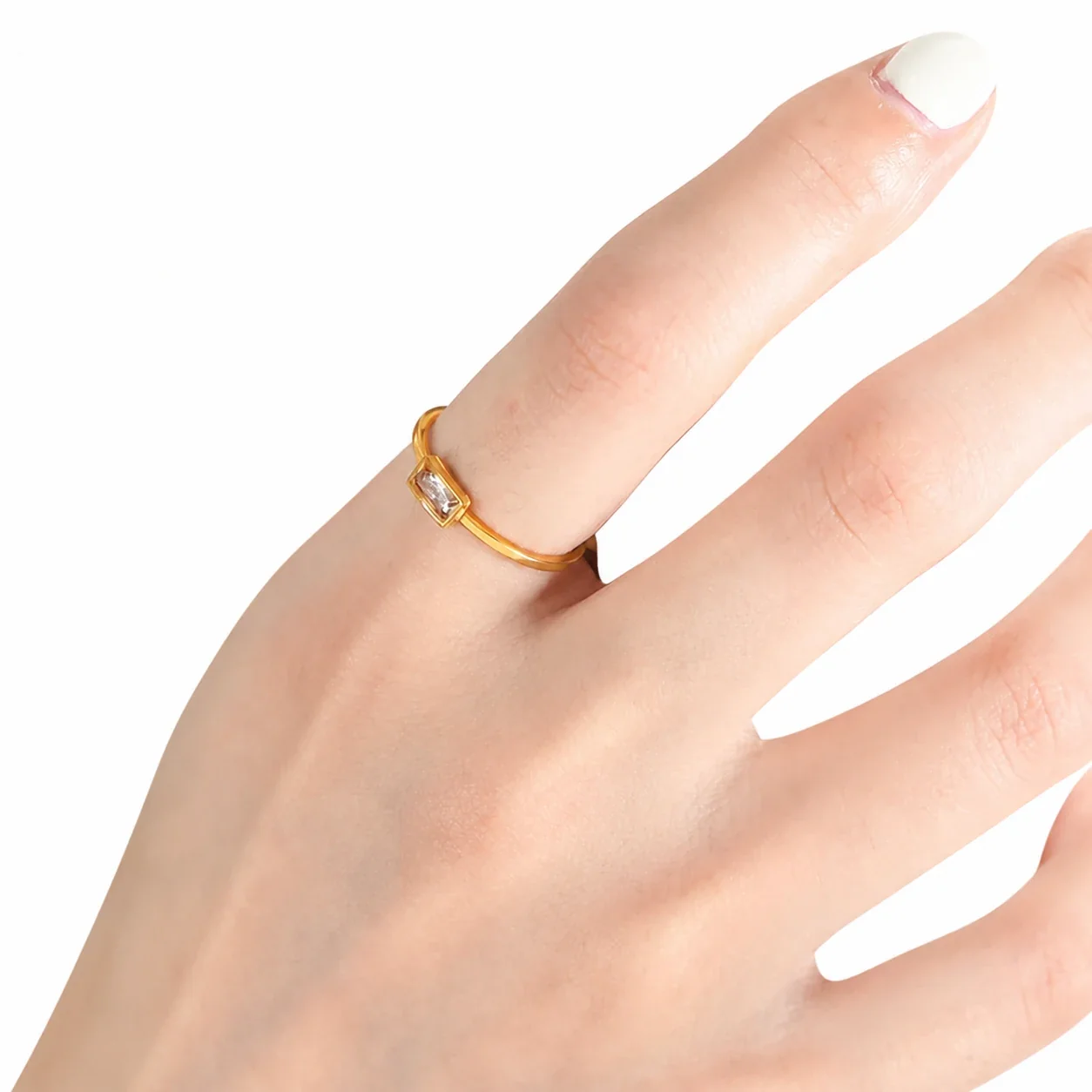 Refined Gold-Plated 316 Baguette & Oval Crystal Ring - Gold Clear CZ