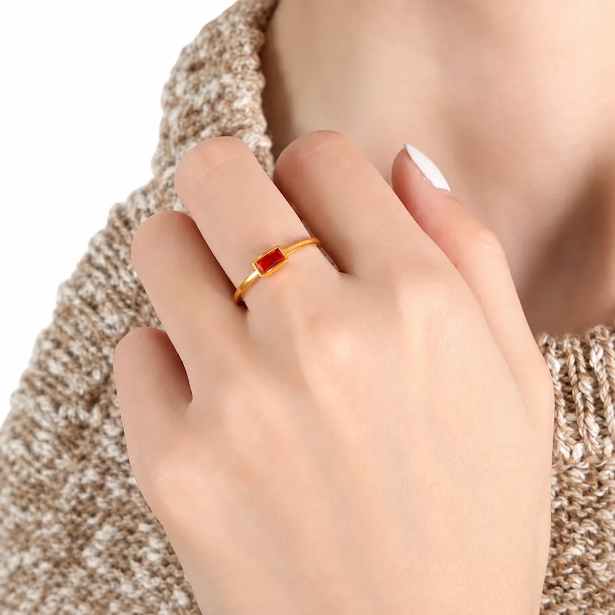 Refined Gold-Plated 316 Baguette & Oval Crystal Ring - Gold Red CZ