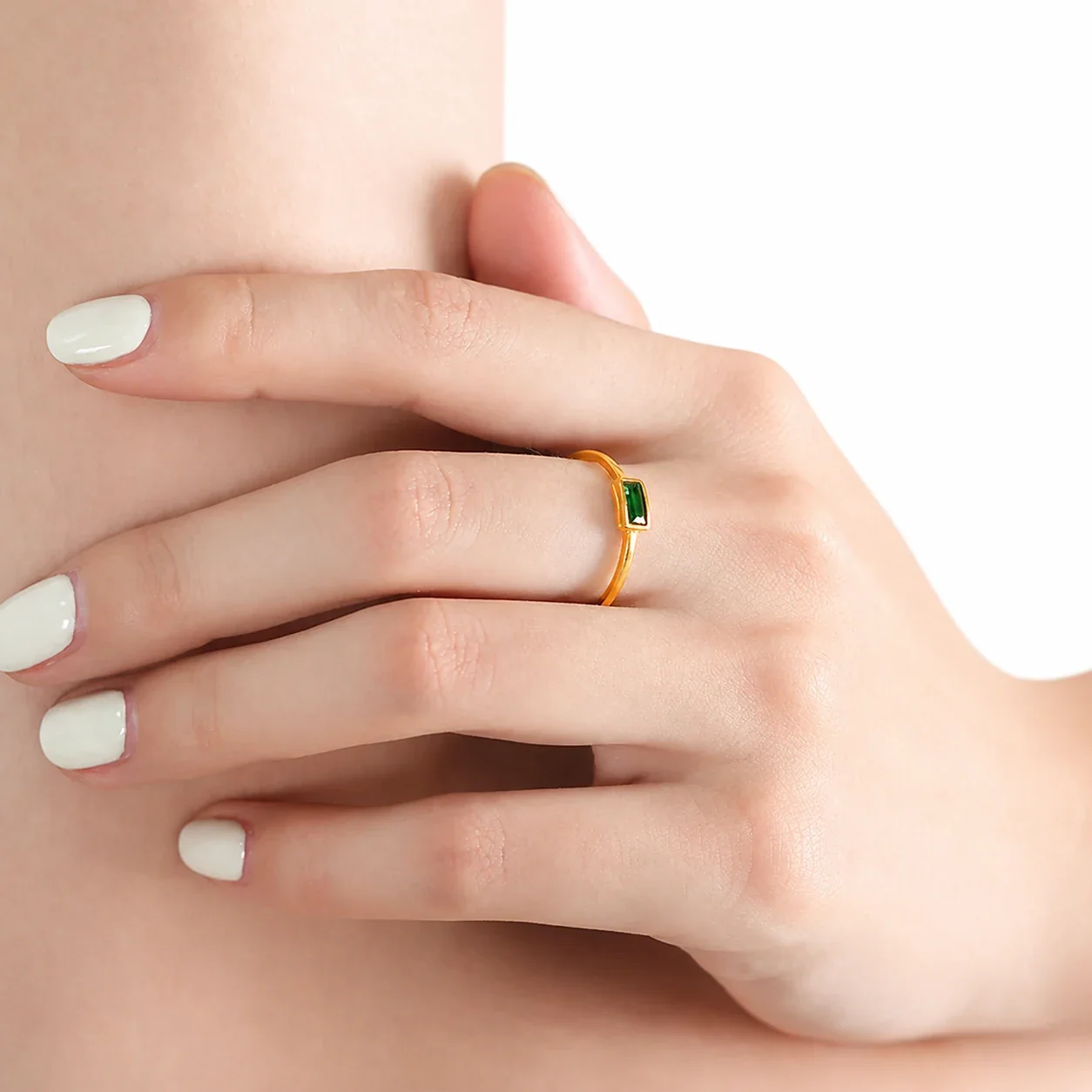 Refined Gold-Plated 316 Baguette & Oval Crystal Ring - Gold Green CZ