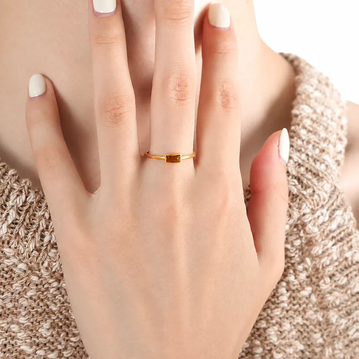 Refined Gold-Plated 316 Baguette & Oval Crystal Ring - Gold Brown CZ