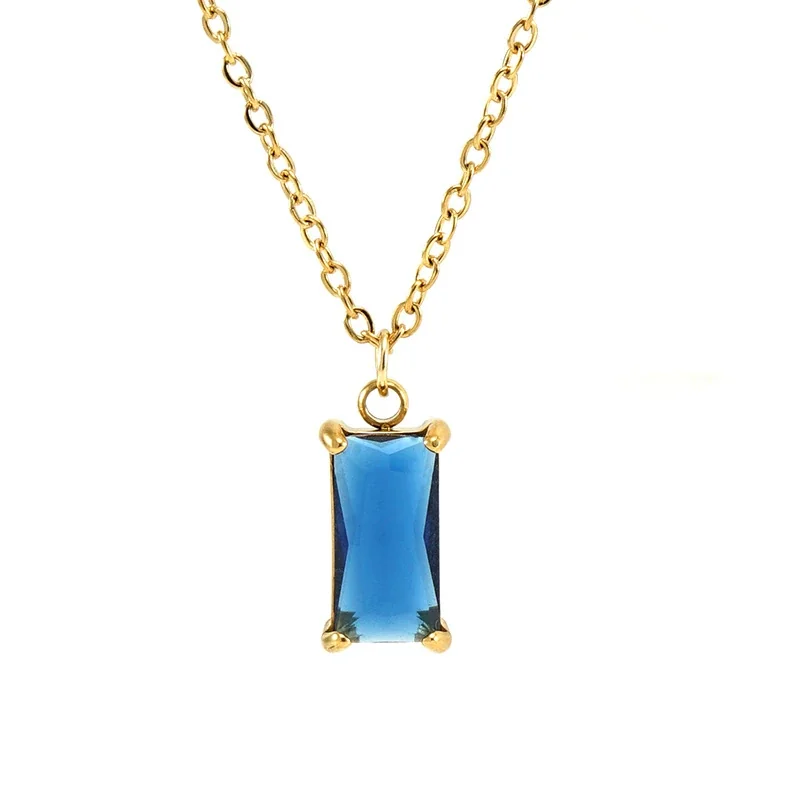 Refined 18K Gold-Plated Emerald-Cut CZ Pendant Necklace - Blue