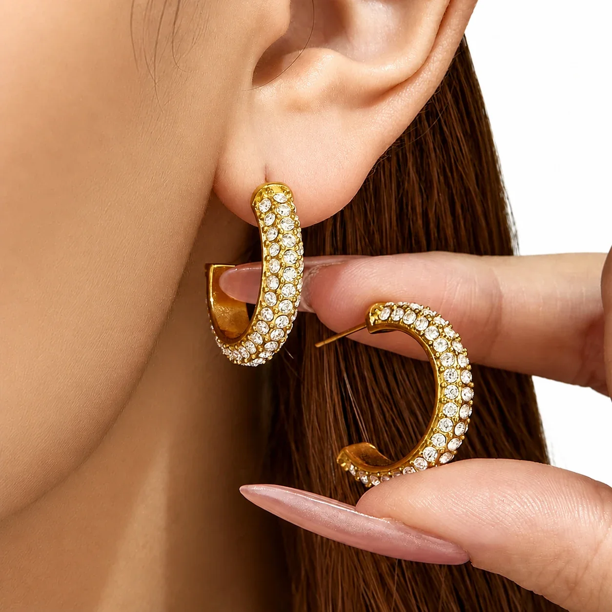 Pavé C-Hoop Gold-Plated 316L CZ Stud Earrings