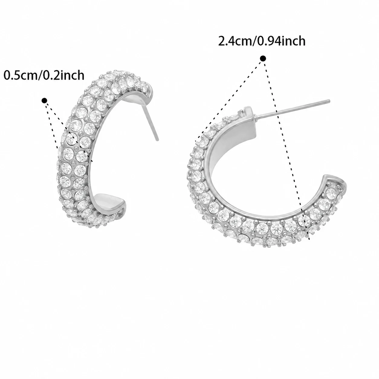 Pavé C-Hoop Gold-Plated 316L CZ Stud Earrings - Silver CZ