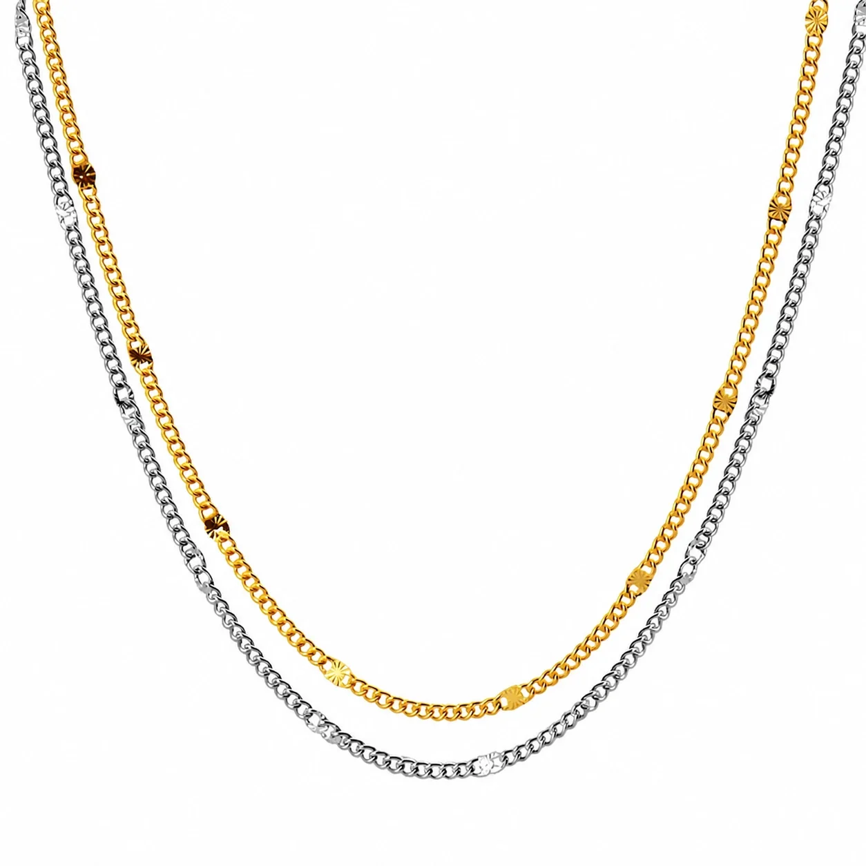 Faceted Station Stainless Steel Curb Chain Necklace