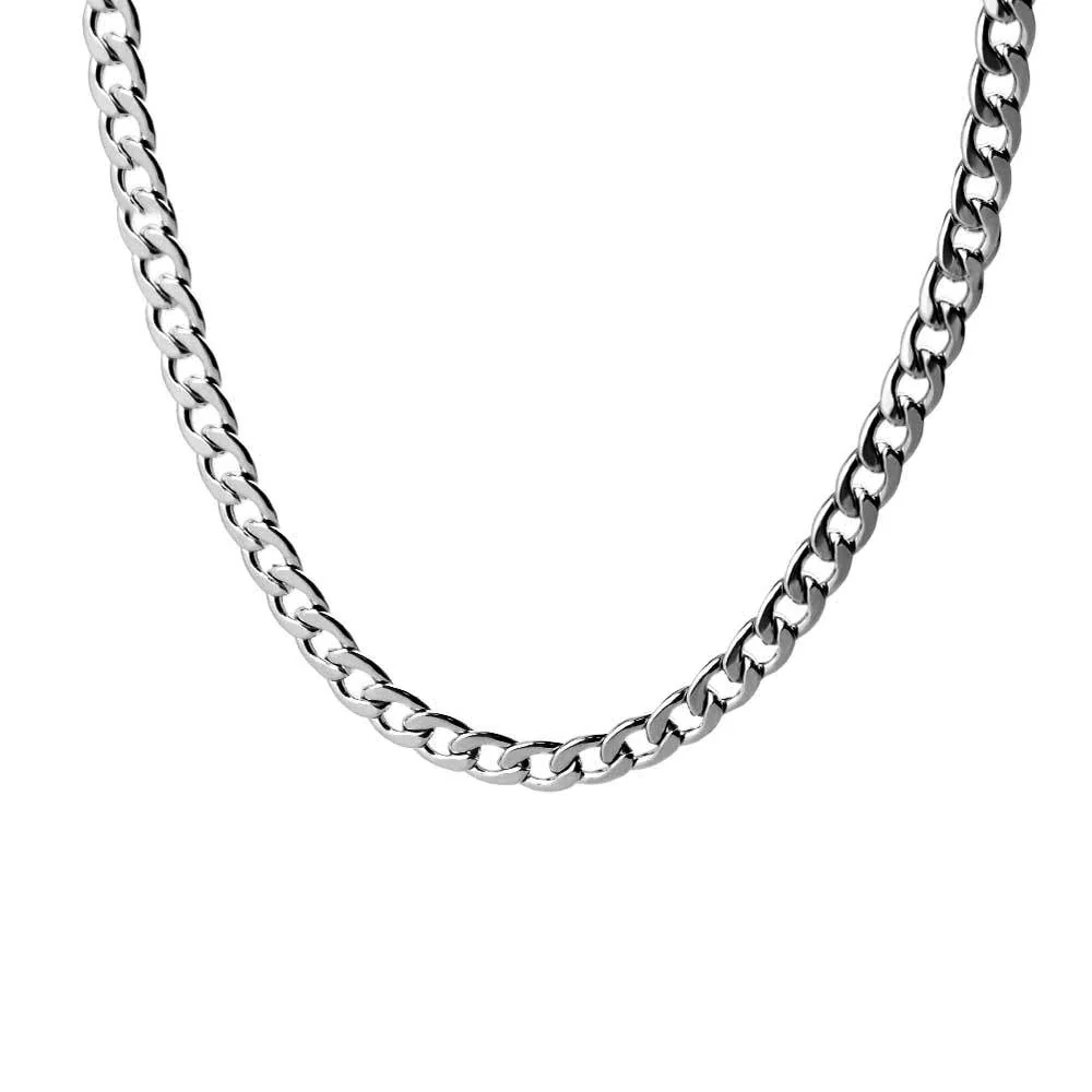 Faceted Station Stainless Steel Curb Chain Necklace - Silver 6 mm 40 cm + 5 cm Extender