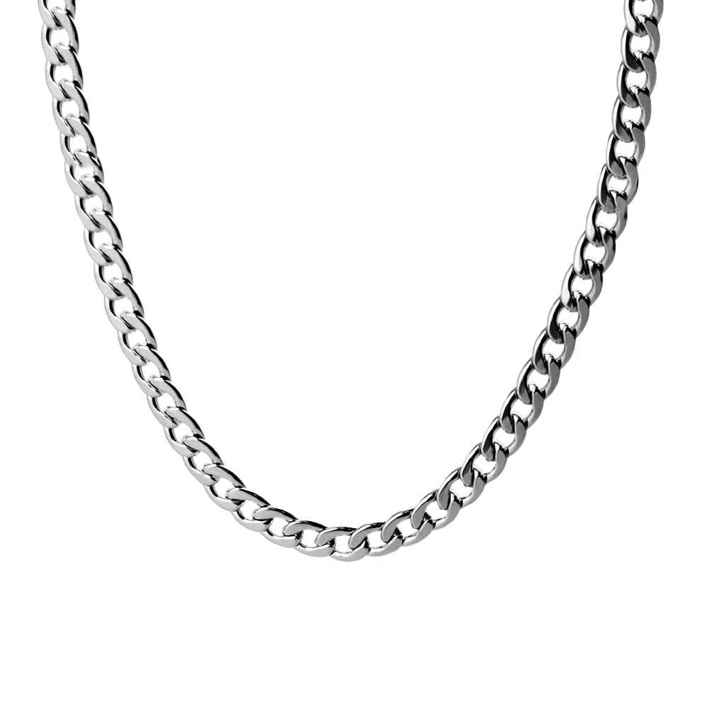 Faceted Station Stainless Steel Curb Chain Necklace - Silver 6 mm 45 cm + 5 cm Extender