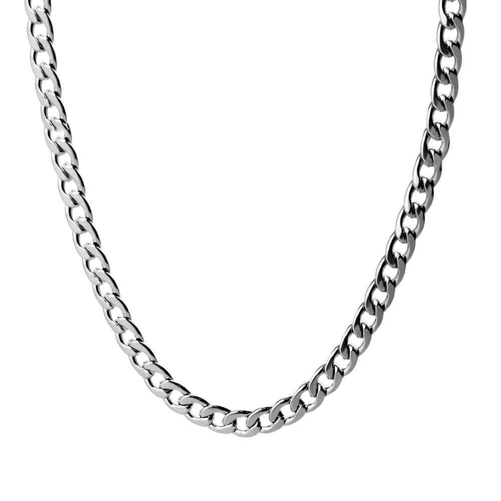 Faceted Station Stainless Steel Curb Chain Necklace - Silver 6 mm 50 cm + 5 cm Extender