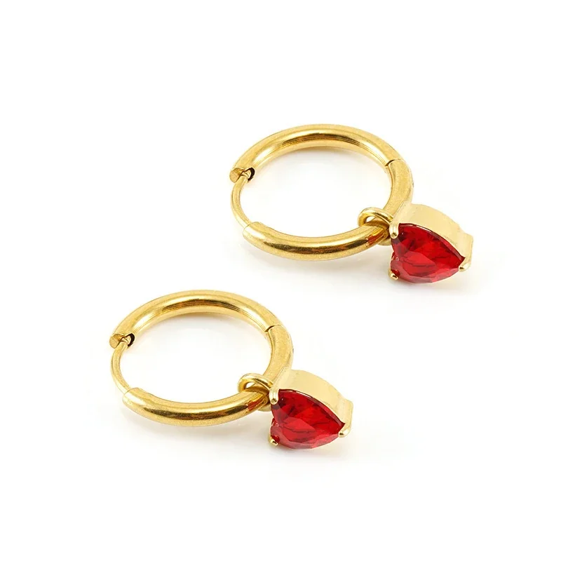 Huggie Earrings with Heart CZ Charm 316 Stainless Steel Gold PVD