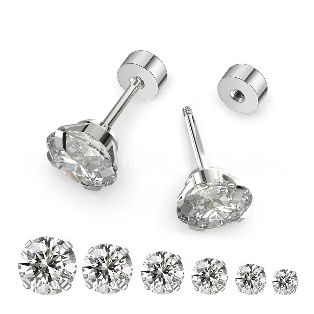 316 Stainless Steel Round CZ Screw Back Stud Earrings