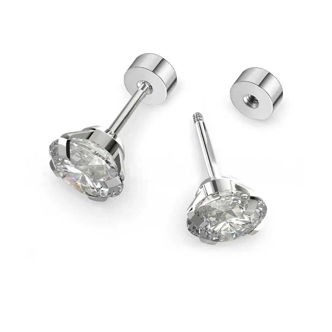 316 Stainless Steel Round CZ Screw Back Stud Earrings - Silver