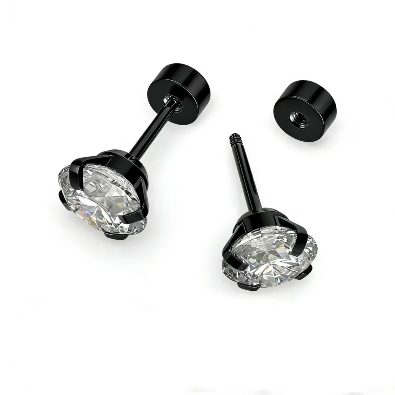 316 Stainless Steel Round CZ Screw Back Stud Earrings - Black