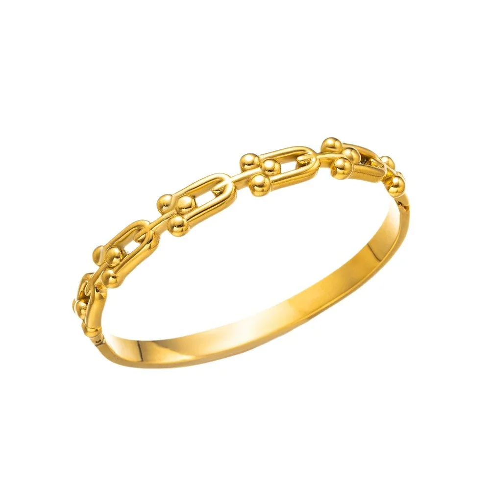 Bangle Bracelet with Ball-Accented U-Links, Stainless Steel