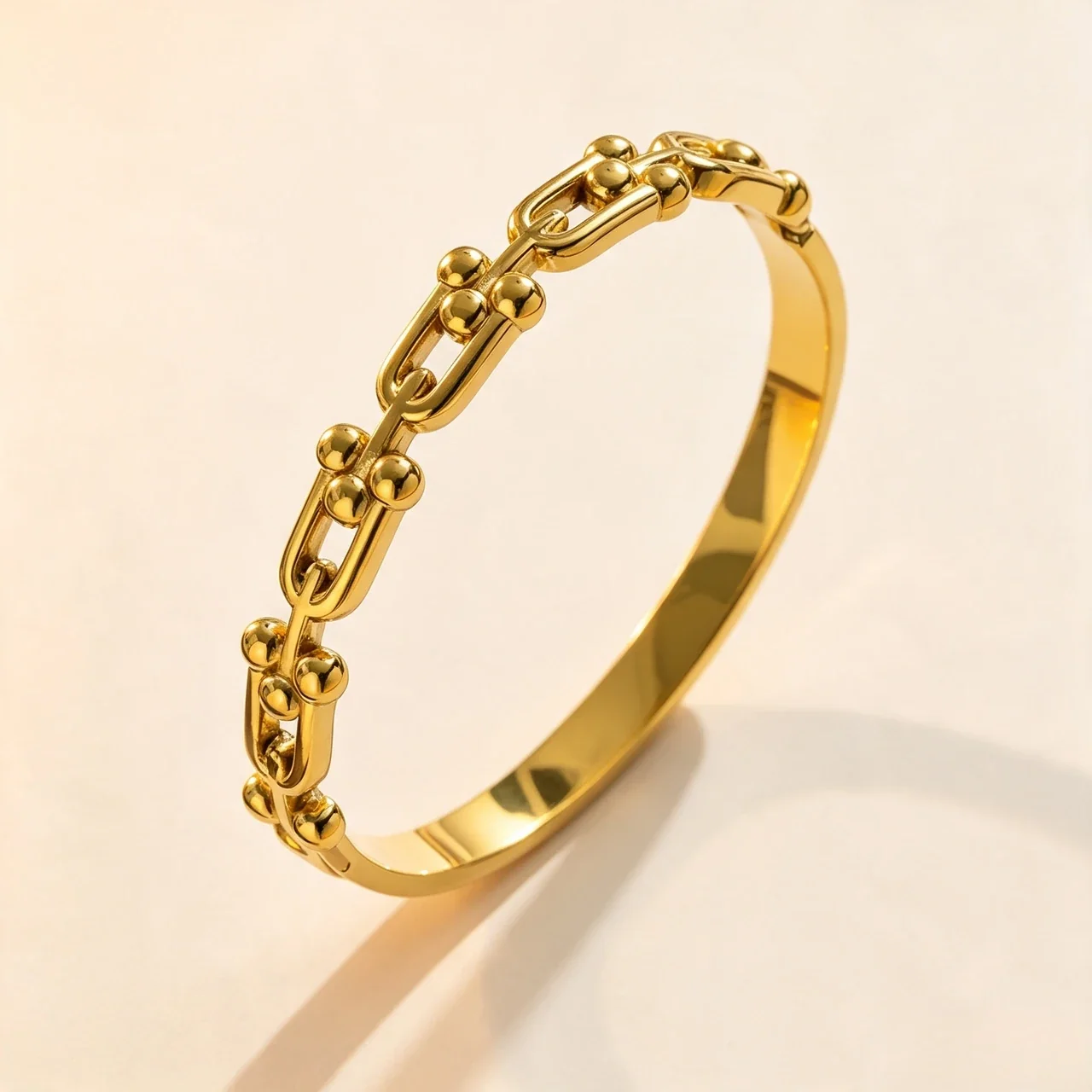 Bangle Bracelet with Ball-Accented U-Links, Stainless Steel