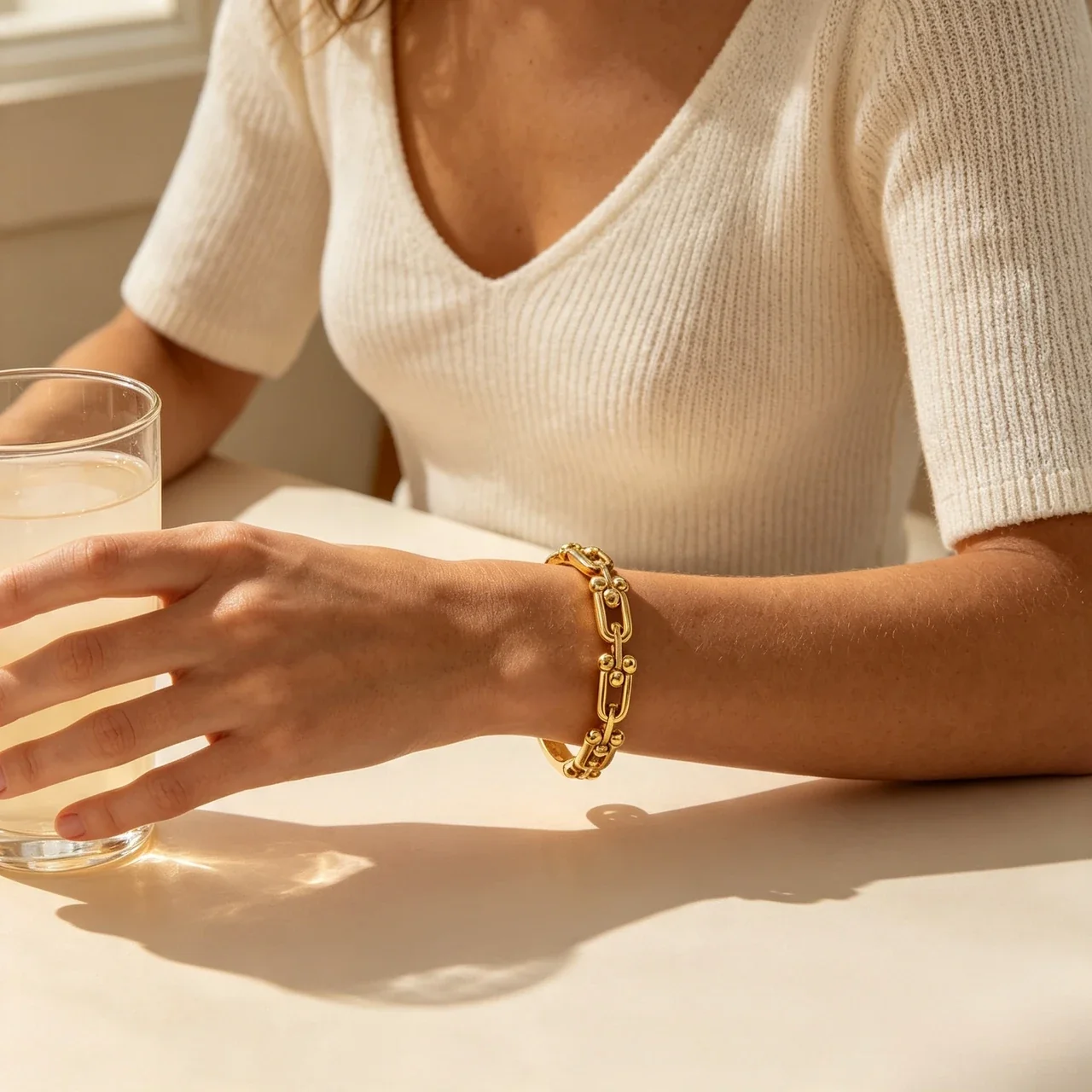 Bangle Bracelet with Ball-Accented U-Links, Stainless Steel