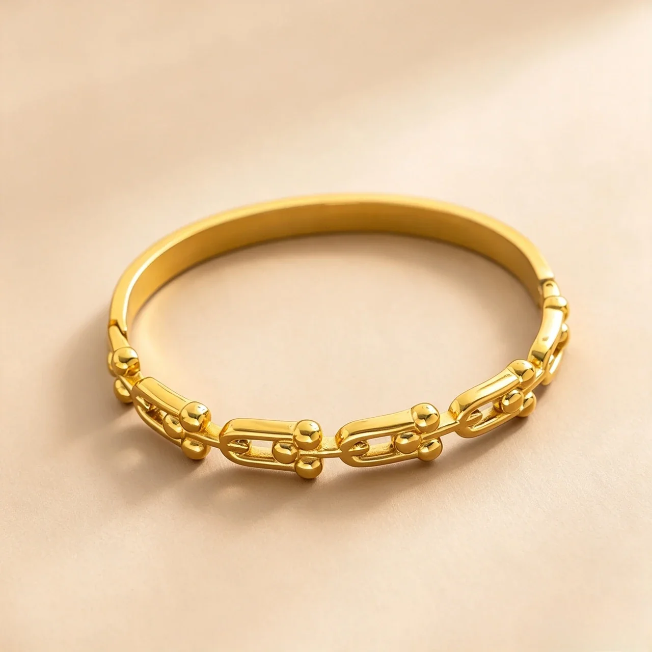 Bangle Bracelet with Ball-Accented U-Links, Stainless Steel