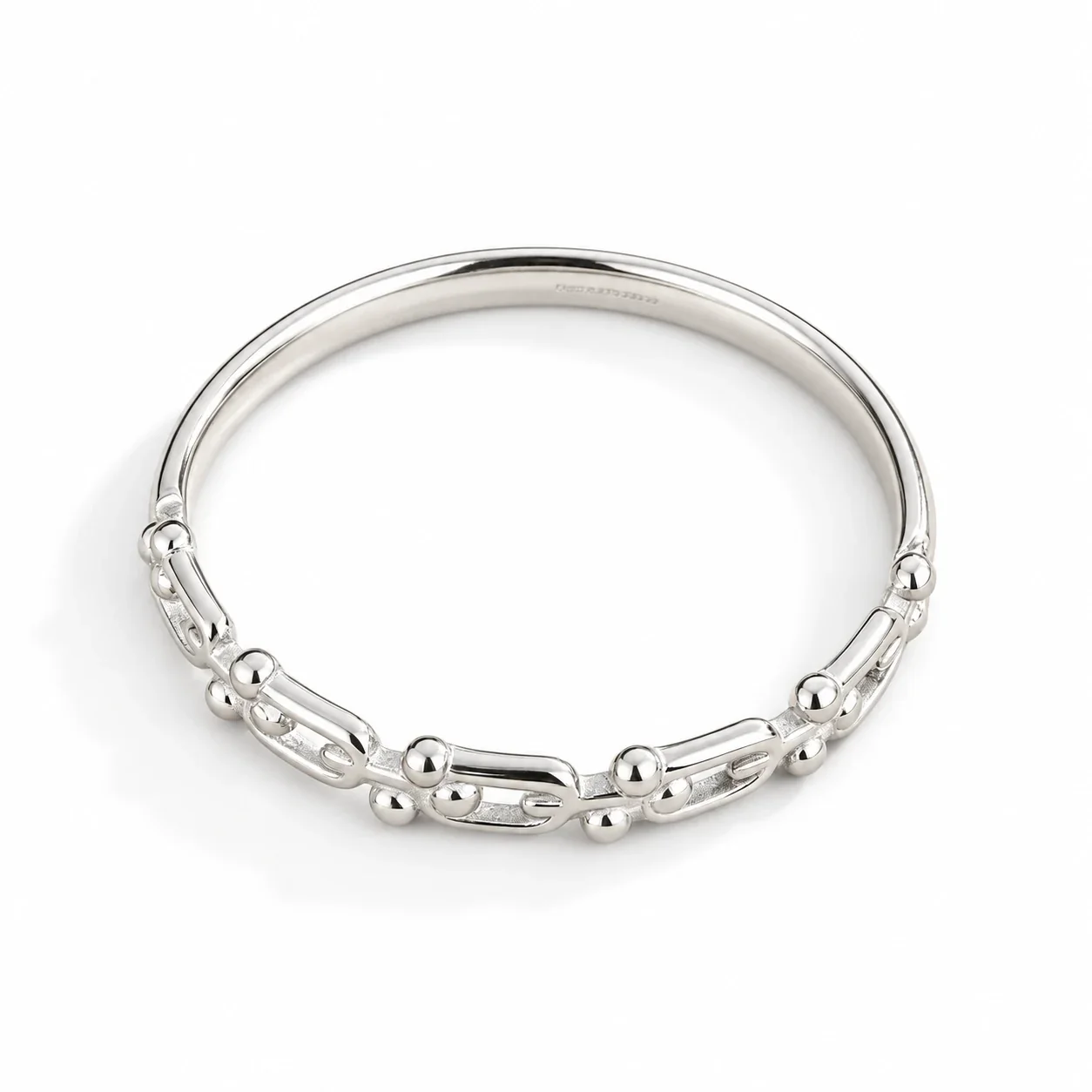 Bangle Bracelet with Ball-Accented U-Links, Stainless Steel - Silver