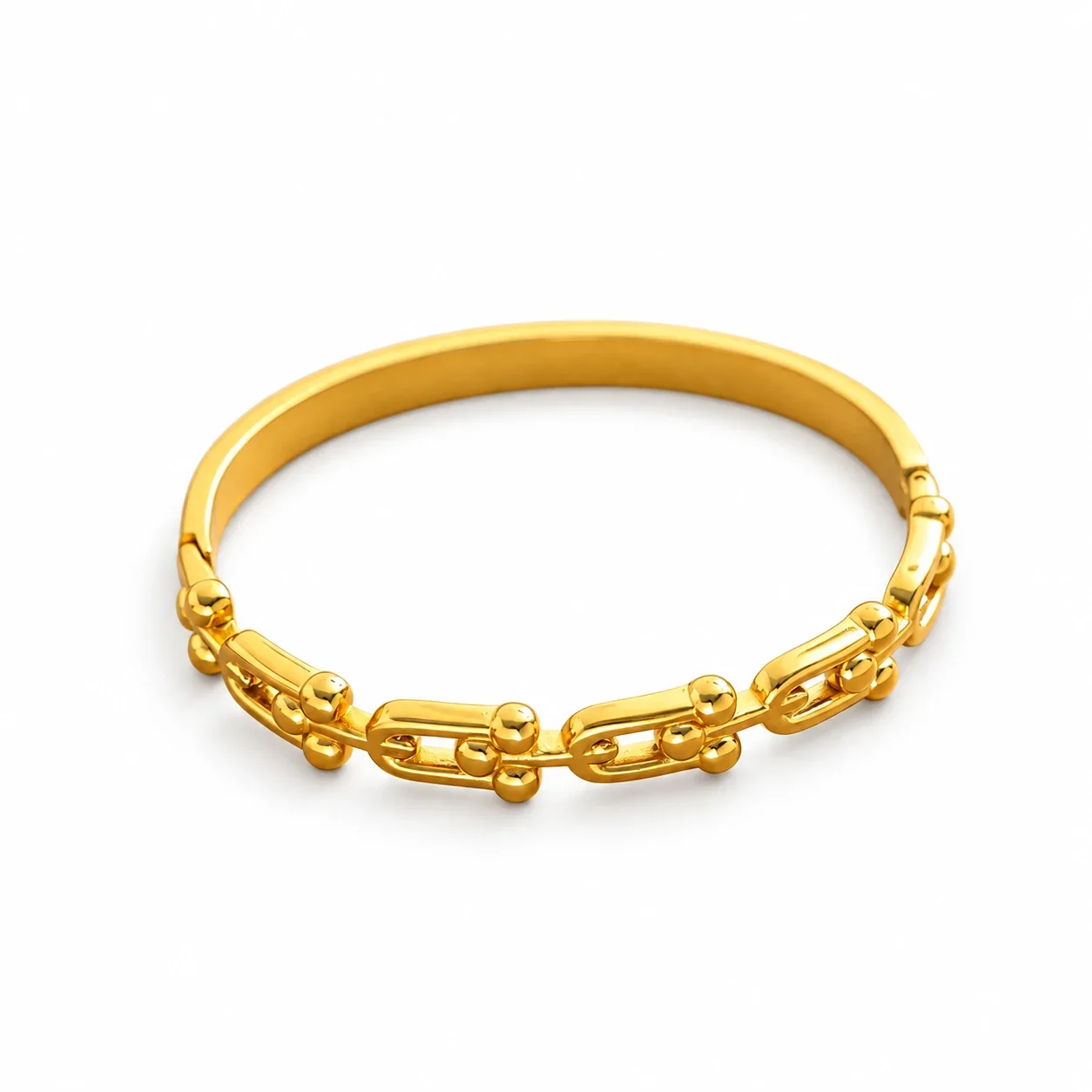 Bangle Bracelet with Ball-Accented U-Links, Stainless Steel - Gold