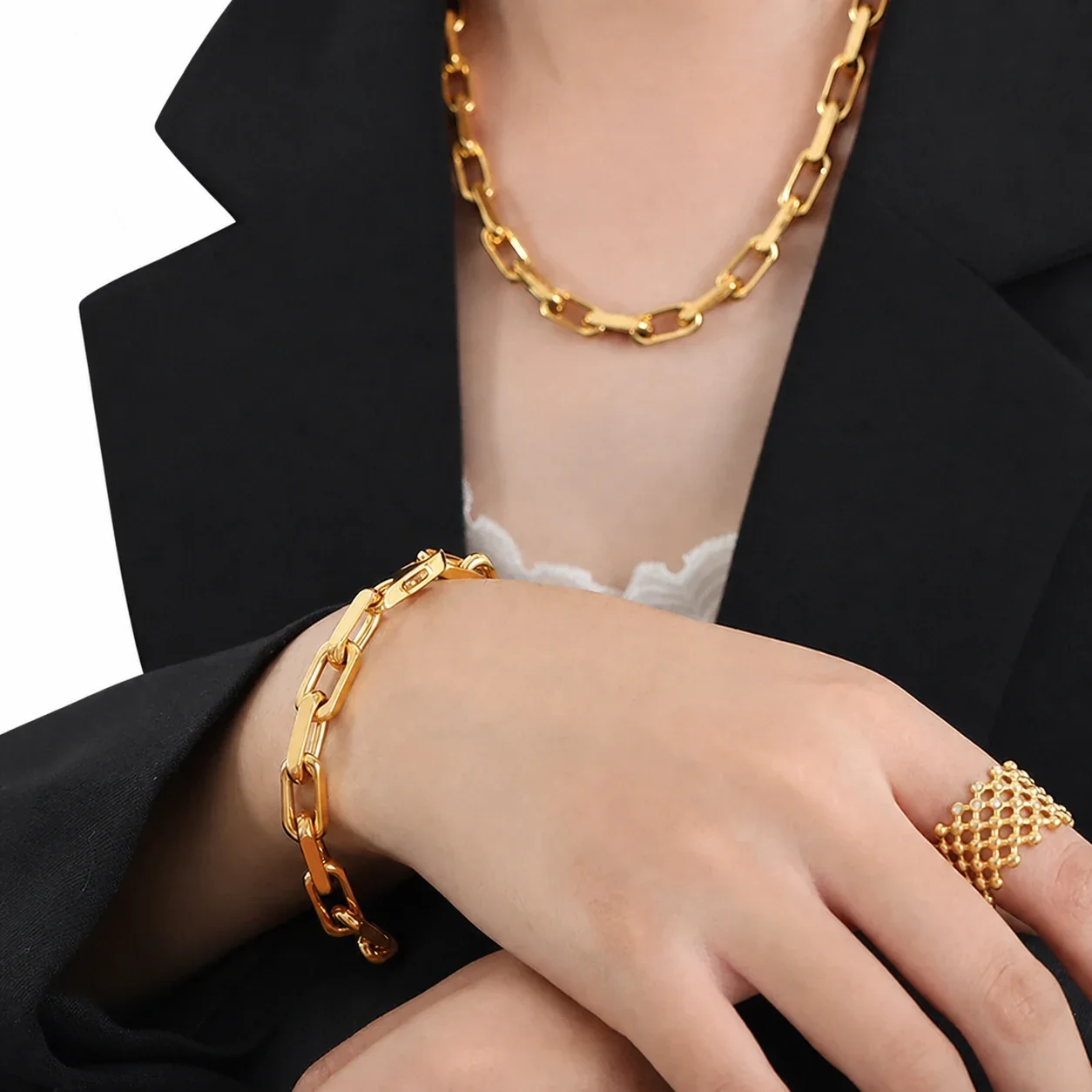 Bold Gold-Plated Stainless Steel Chunky Paperclip Jewelry Set