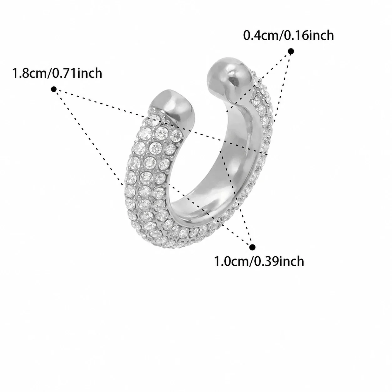 Gleaming Pavé Round CZ 316L Open Ear Cuff Earrings - Silver Single