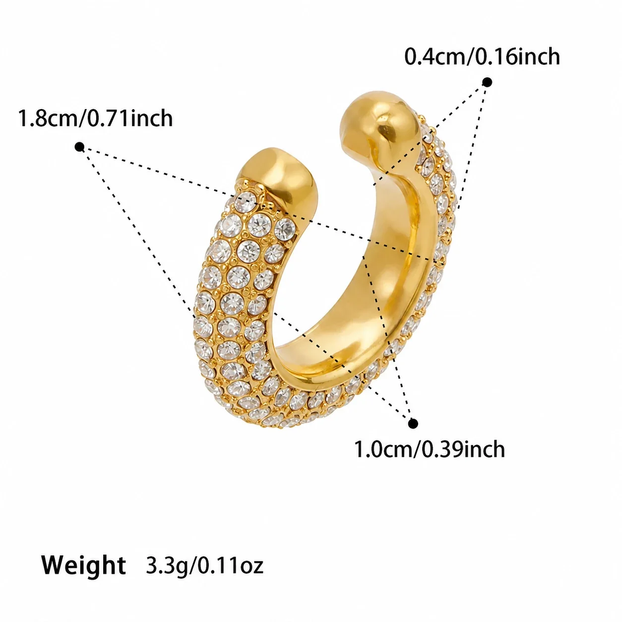 Gleaming Pavé Round CZ 316L Open Ear Cuff Earrings - Gold Single