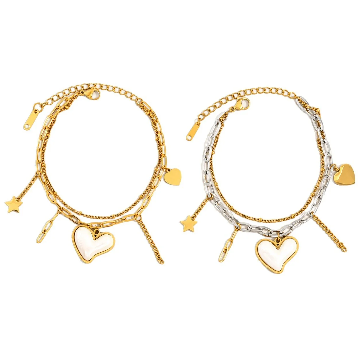 Pulsera de charms con cadenas en capas, corazón y estrella, acero inoxidable