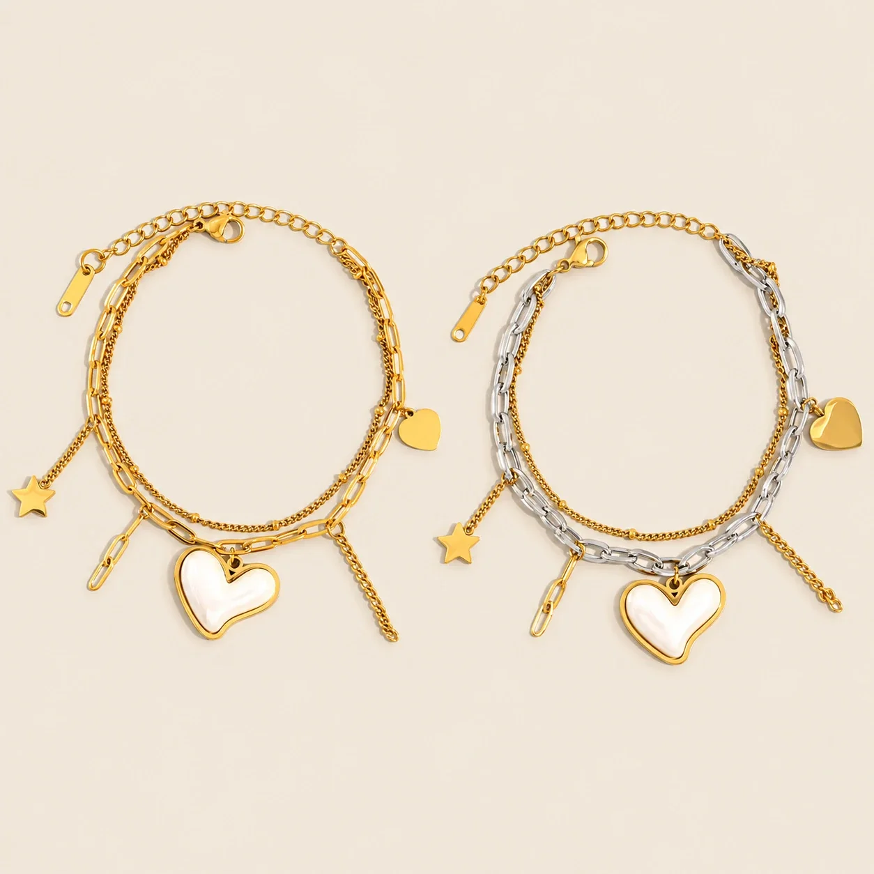 Foto del producto: Pulsera de charms con cadenas en capas, corazón y estrella, acero inoxidable
