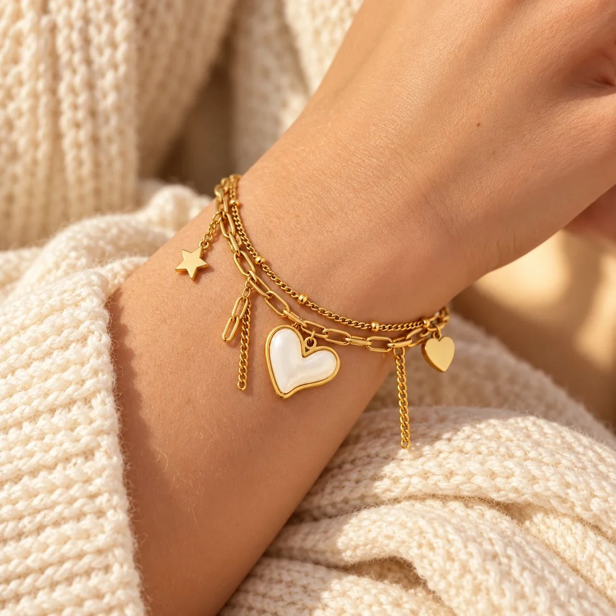 Foto del producto: Pulsera de charms con cadenas en capas, corazón y estrella, acero inoxidable