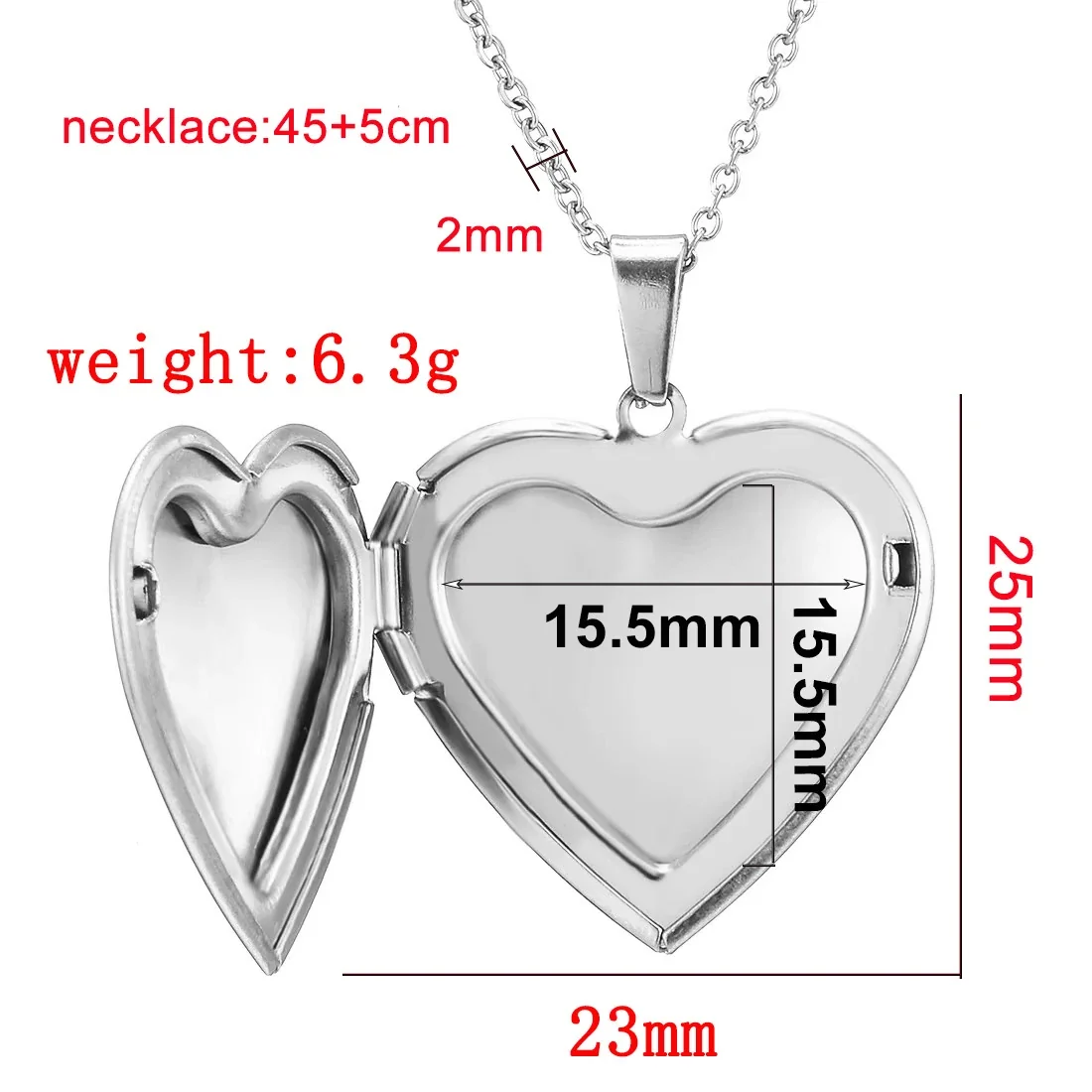 Polished 316 Stainless Steel Heart Locket Pendant Necklace