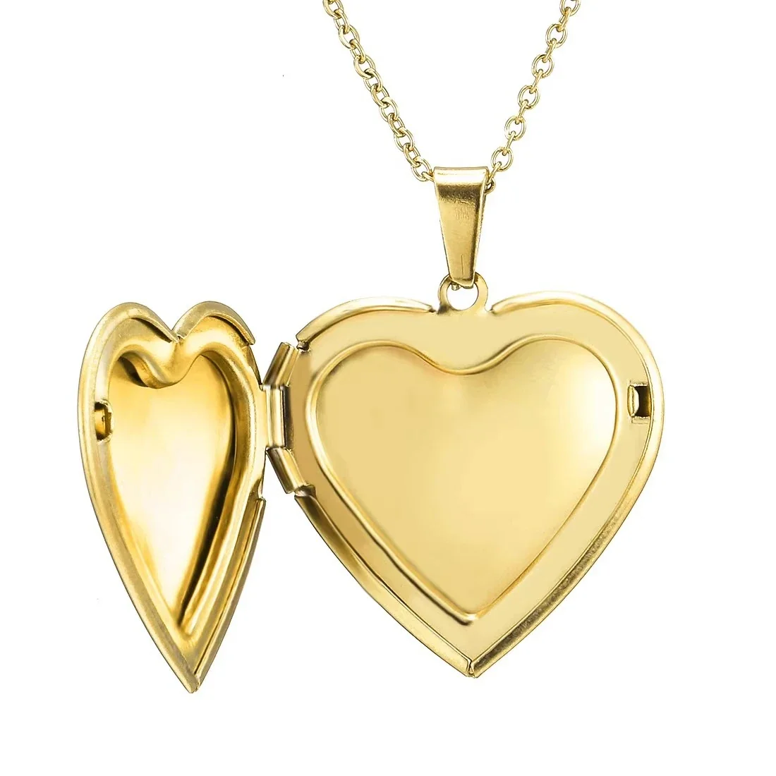 Polished 316 Stainless Steel Heart Locket Pendant Necklace - Gold