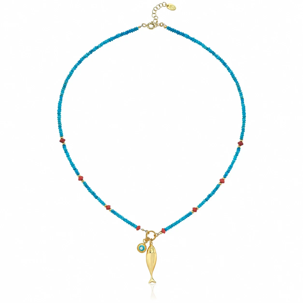 Vivid Gold PVD Fish Charm Stone Bead Necklace