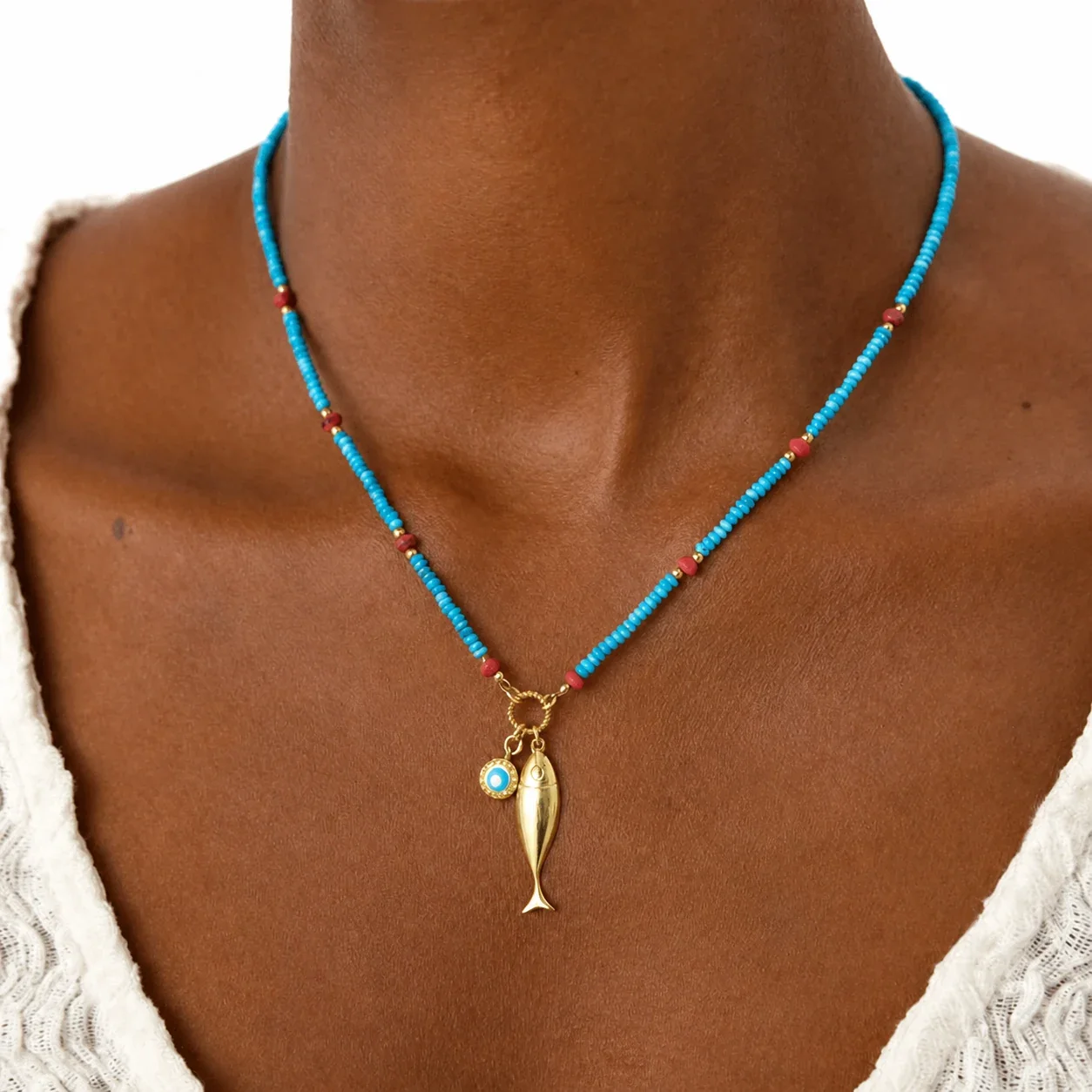 Vivid Gold PVD Fish Charm Stone Bead Necklace
