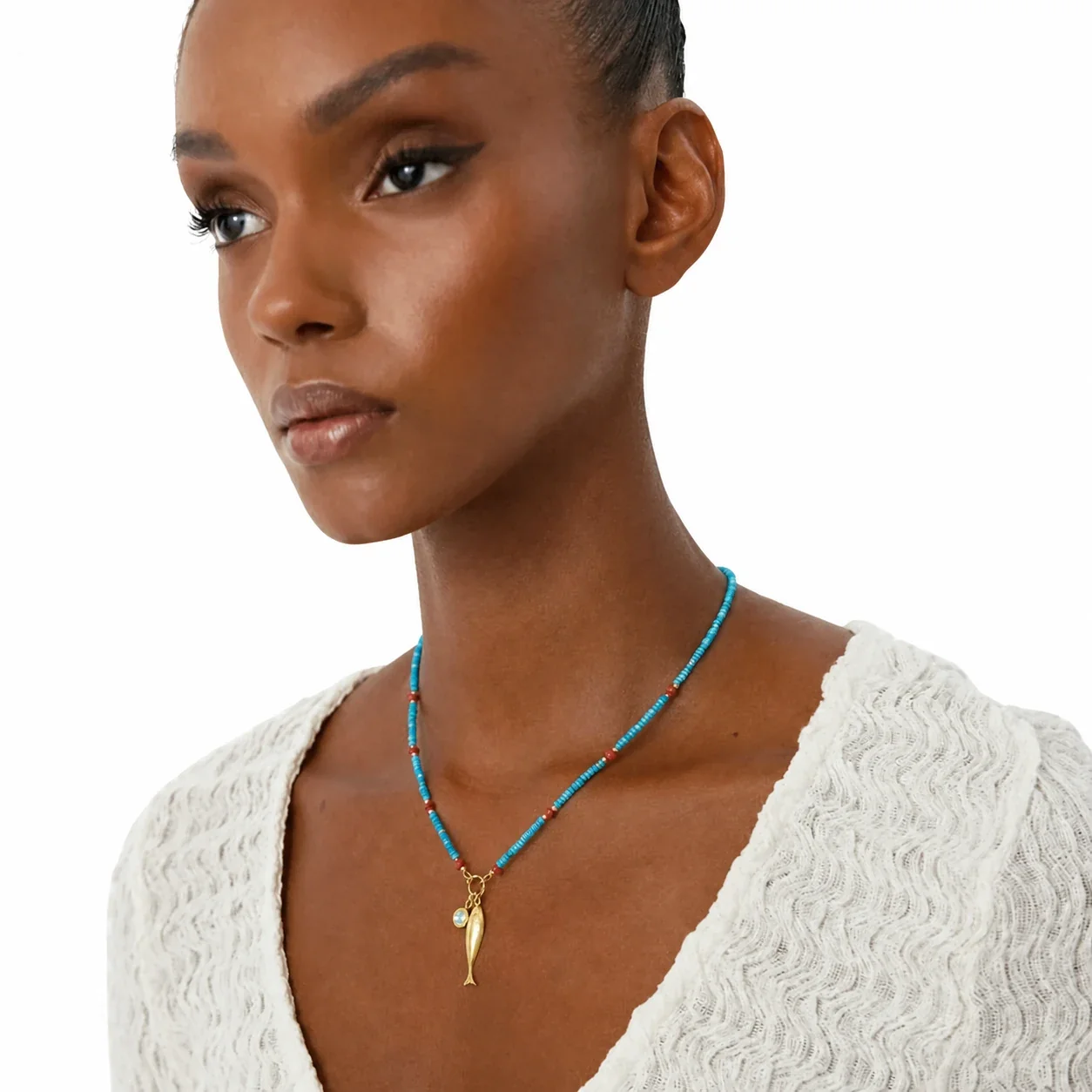 Vivid Gold PVD Fish Charm Stone Bead Necklace