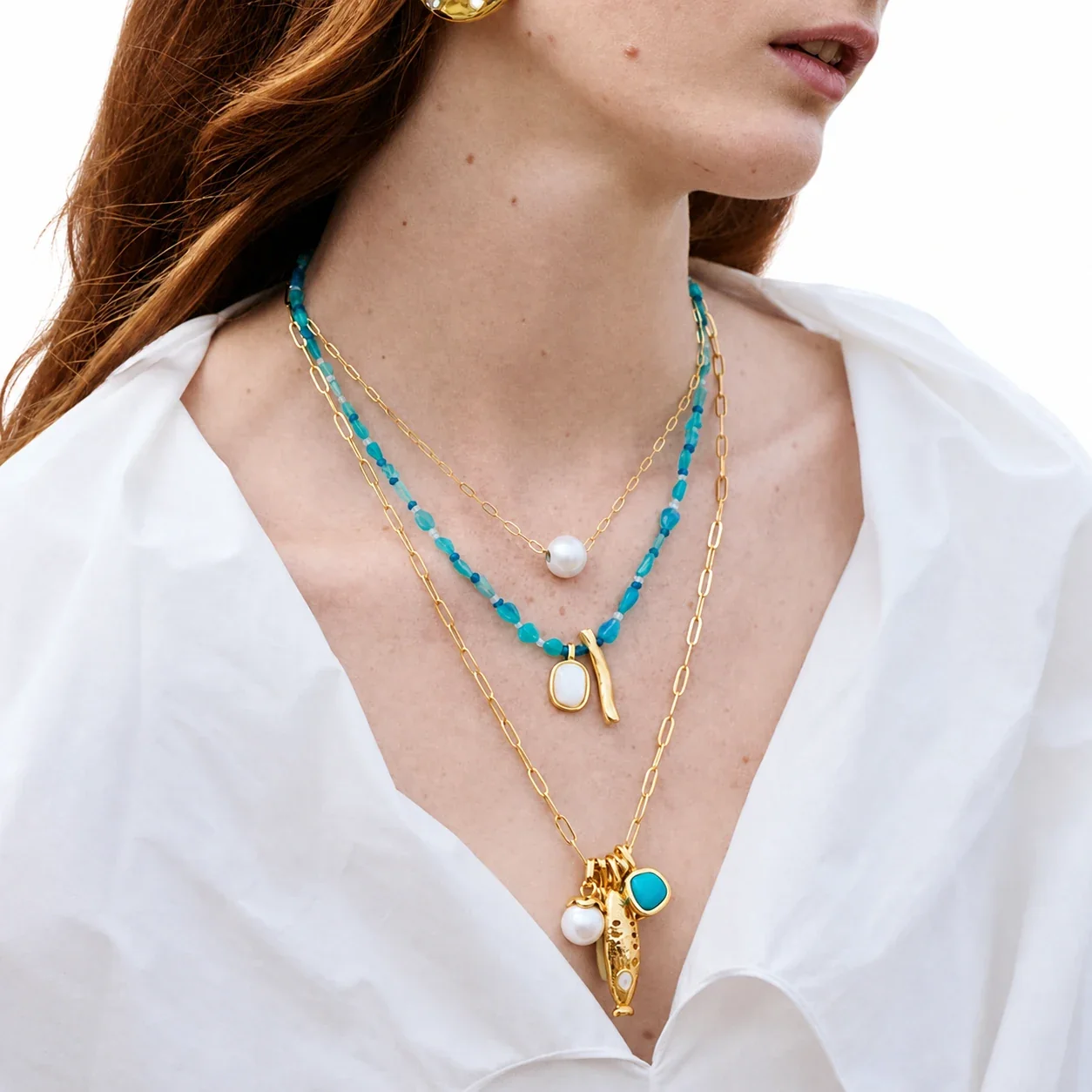 Vivid Gold PVD Fish Charm Stone Bead Necklace - Blue