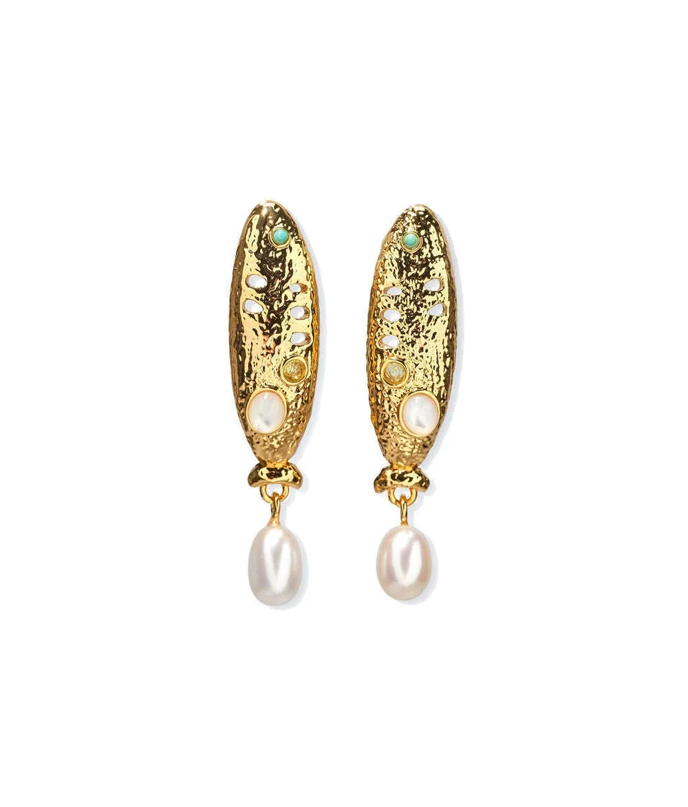 Vivid Gold PVD Fish Charm Stone Bead Necklace - Earrings